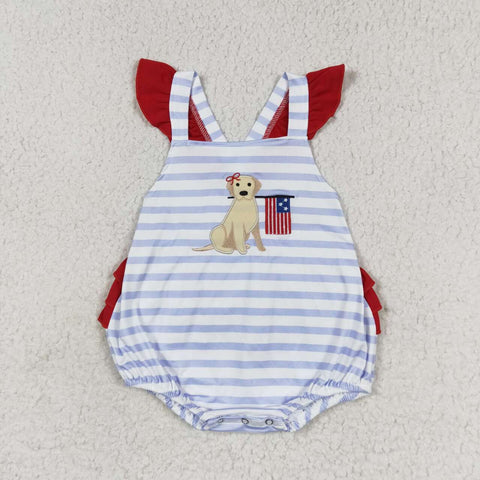 SR1081 Embroidery USA Flag Dog Baby Girl Romper
