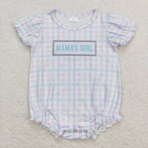 SR1091 Embroidery MAMA'S GIRL Blue Plaid Baby Girl Romper