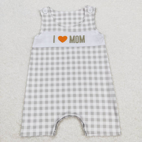 SR1132 Embroidery I Love MOM Plaid Baby Boy Romper