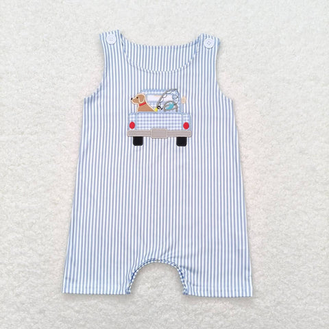 SR1170 Embroidery Dog Blue Stripe Baby Boy Romper