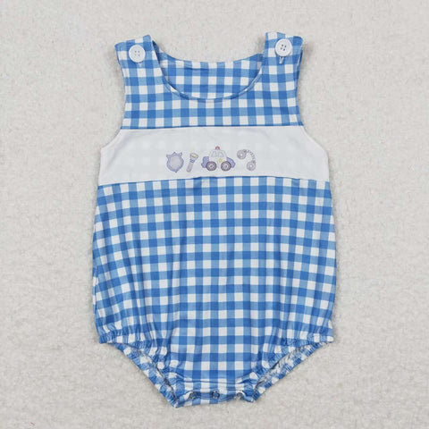 SR1172 Police Car Blue Plaid Baby Boy Romper