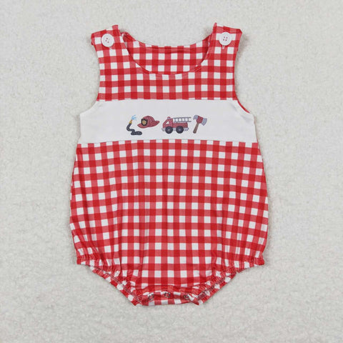 SR1174 Fire Fighting Red Plaid Baby Boy Romper