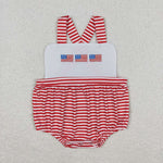 SR1212 Embroidery USA Flag Red Stripe Baby Girl Romper