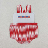 SR1212 Embroidery USA Flag Red Stripe Baby Girl Romper