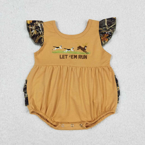 SR1219 Embroidery LET EM RUN Deer Baby Girl Romper