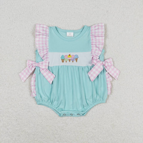 SR1260 Embroidery Ice cream Pockets Sky Blue Baby Girl Romper