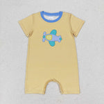 SR1264 Embroidery Airplane Yellow Stripe Baby Boy Romper