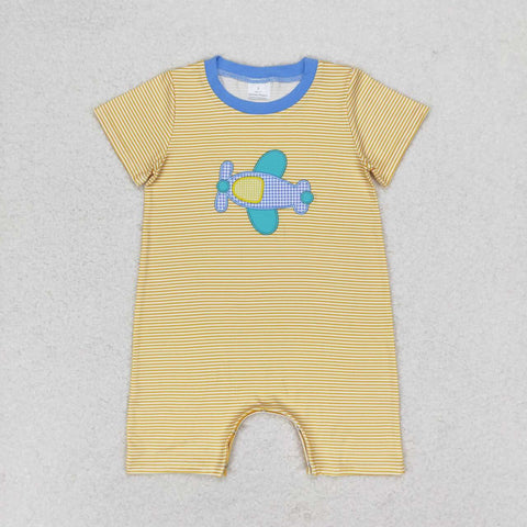 SR1264 Embroidery Airplane Yellow Stripe Baby Boy Romper