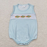 SR1265 Embroidery Fish Blue Plaid Baby Boy Romper