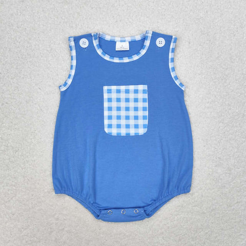 SR1537 Blue Plaid Pocket Baby Boy Romper