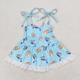 SR1550 Cartoon Blue Dog Skirt Girls Romper