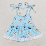 SR1550 Cartoon Blue Dog Skirt Girls Romper