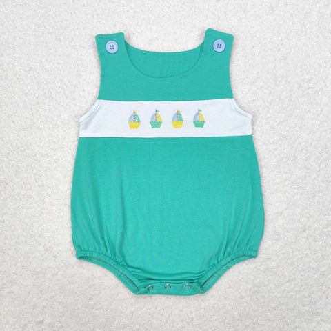 SR1581 Embroidery Sailboat Green Boys Romper