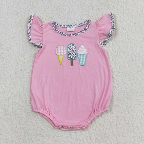 SR1598 Embroidery Ice cream Flower Pink Girls Bubble Romper