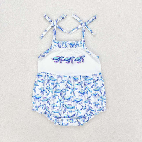 SR1650 Embroidery Sea turtle Blue Baby Girls Bubble Romper