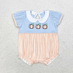 SR1710 Embroidery Pumpkin Orange Blue Baby Girls Bubble Romper