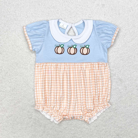 SR1710 Embroidery Pumpkin Orange Blue Baby Girls Bubble Romper