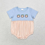 SR1711 Embroidery Pumpkin Orange Blue Baby Boys Bubble Romper