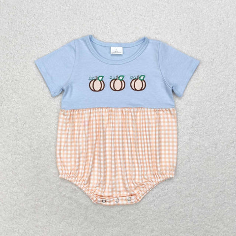 SR1711 Embroidery Pumpkin Orange Blue Baby Boys Bubble Romper