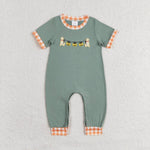 SR1793 Embroidery Pumpkin Dog Orange Plaid Baby Boys Romper