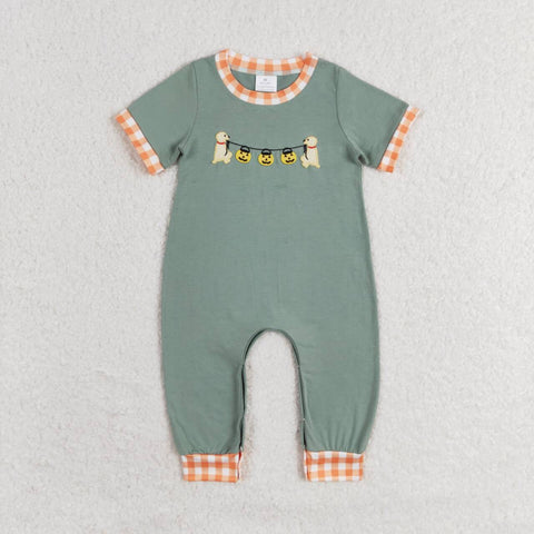 SR1793 Embroidery Pumpkin Dog Orange Plaid Baby Boys Romper
