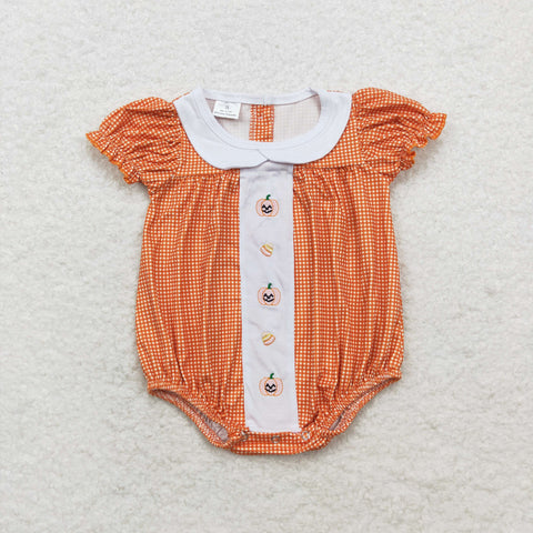 SR1879 Embroidery Pumpkin Orange Plaid Baby Boys Romper