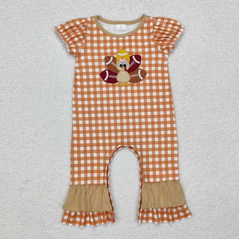 SR1886 Embroidery Thanksgiving Turkey Football Baby Girls Romper