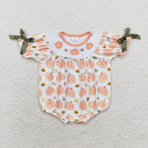 SR1917 embroidery Pumpkin Orange Plaid Baby Girls Romper