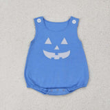 LR1172 Embroidery Halloween Pumpkin Blue With Shirt 2 pcs Baby Boy Romper Set