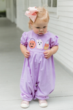 SR1927 Embroidery Halloween Pumpkin Purple Baby Girl Romper