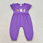 SR1927 Embroidery Halloween Pumpkin Purple Baby Girl Romper