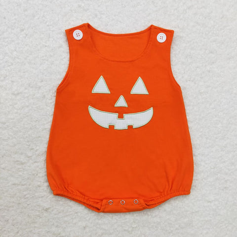 SR1937 Embroidery Halloween Pumpkin Orange Baby Boy Romper