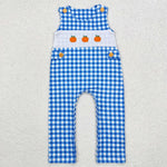 SR1949 Embroidery Pumpkin Blue Plaid Cute Baby Boy Romper