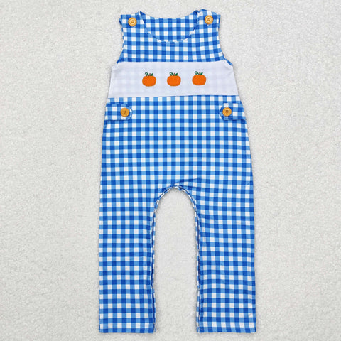 SR1949 Embroidery Pumpkin Blue Plaid Cute Baby Boy Romper