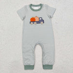 SR1958 Embroidery Pumpkin Car Stripe Baby Boy Romper