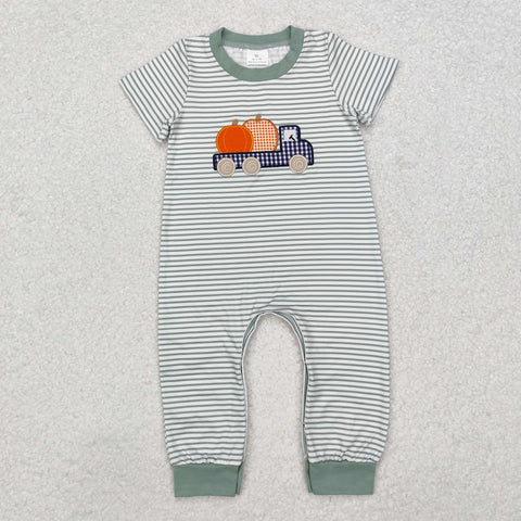 SR1958 Embroidery Pumpkin Car Stripe Baby Boy Romper