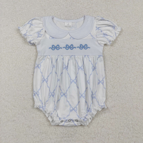 SR1969 Embroidery Coquette Bows Blue Baby Girl Bubble Romper