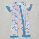 SR2026 Coquette Bows Plaid Blue Pink Baby Zipper Romper Sleepers