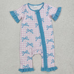 SR2026 Coquette Bows Plaid Blue Pink Baby Zipper Romper Sleepers