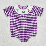 SR2060 Mardi Gras Crawfish Purple Plaid Smocked Baby Girl Bubble Romper