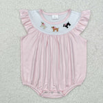 SR2073 Embroidery Dogs Pink Baby Girl Bubble Romper