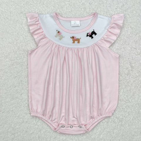 SR2073 Embroidery Dogs Pink Baby Girl Bubble Romper