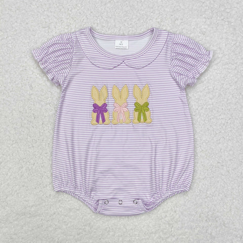 SR2074 Embroidery Easter Bunny Purple Stripe Baby Girl Bubble Romper