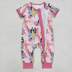 SR2105 Cartoon Blue Dog Flower Baby Zipper Romper Sleepers