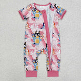 SR2105 Cartoon Blue Dog Flower Baby Zipper Romper Sleepers