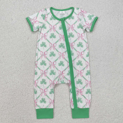 SR2109 St. Patrick Bows Green Baby Zipper Romper Sleepers