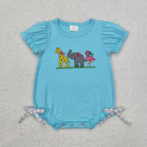 SR2124 Embroidery Animal Blue Baby Girl Romper