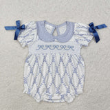 SR2146 Embroidery Bows Blue Baby Girl Bubble Romper