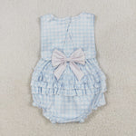 SR2203 Embroidery Bows Blue Plaid Pink Baby Girls Romper