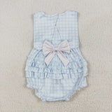 SR2203 Embroidery Bows Blue Plaid Pink Baby Girls Romper